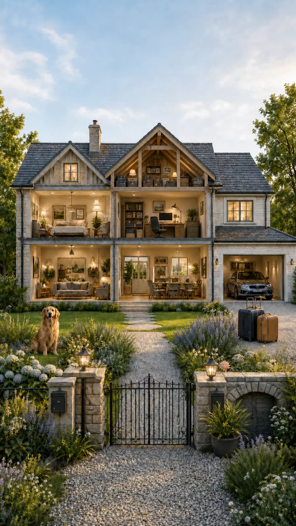 An illustrated home with spaces for family, documents, vehicles and everyday life